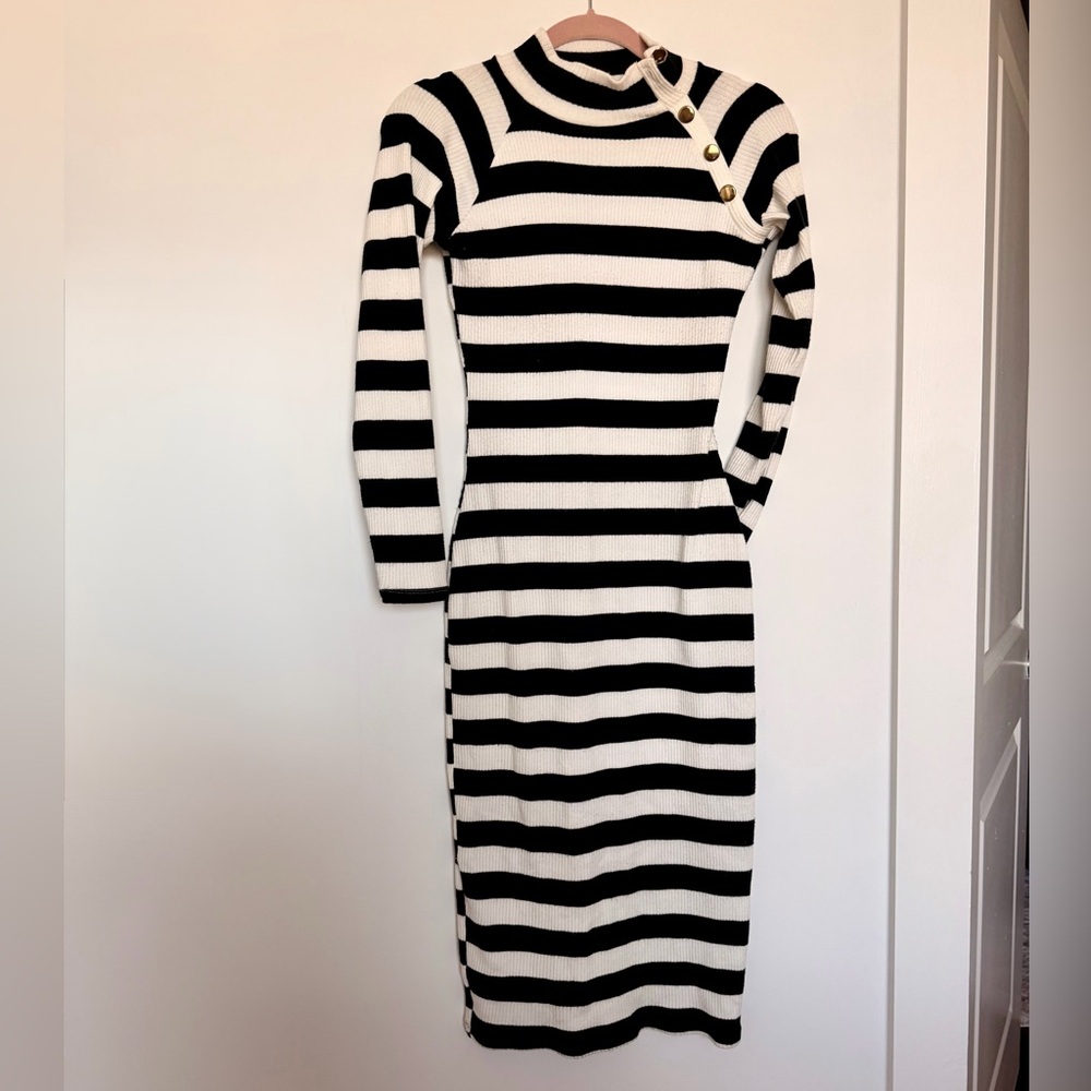 Zara Size Small Black and White Striped Sweater Dress Long SLeeve Gold Details